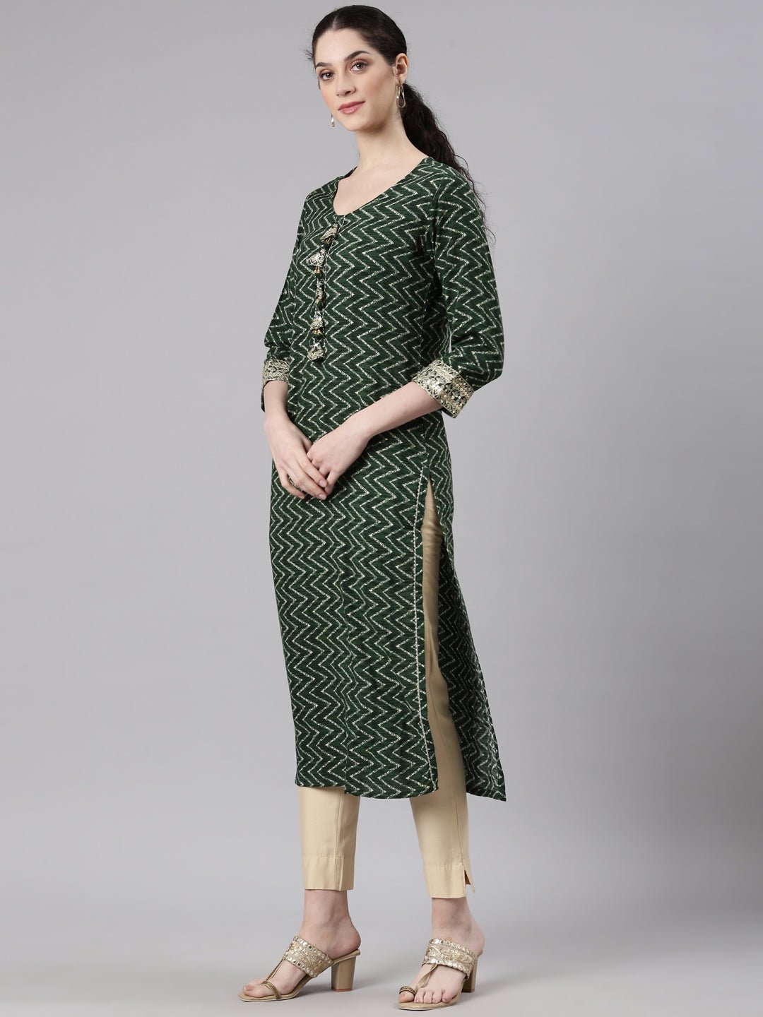 Transacthubs Green Straight Casual Chevron Kurta - Image 2