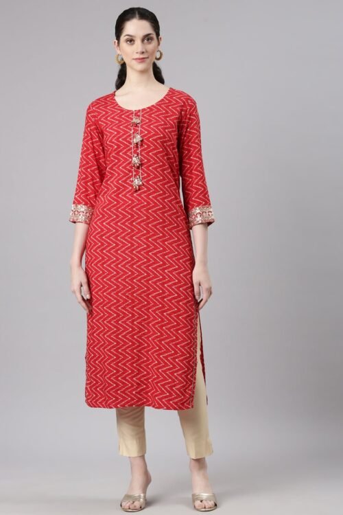Transacthubs Red Straight Casual Chevron Kurta
