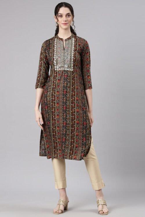 Transacthubs Olive Straight Casual Ethnic Motifs Kurta