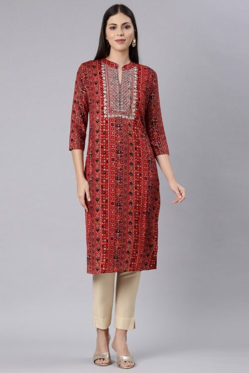 Transacthubs Red Straight Casual Embellished Straight Kurta