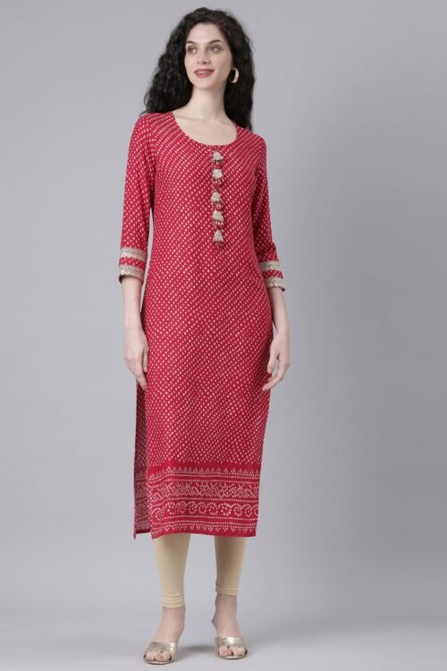 Transacthubs Pink Casual Bandhani Straight Kurta