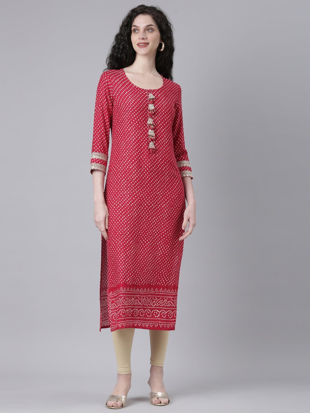 Transacthubs Pink Casual Bandhani Straight Kurta