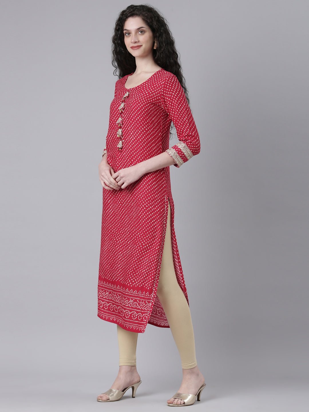 Transacthubs Pink Casual Bandhani Straight Kurta - Image 3