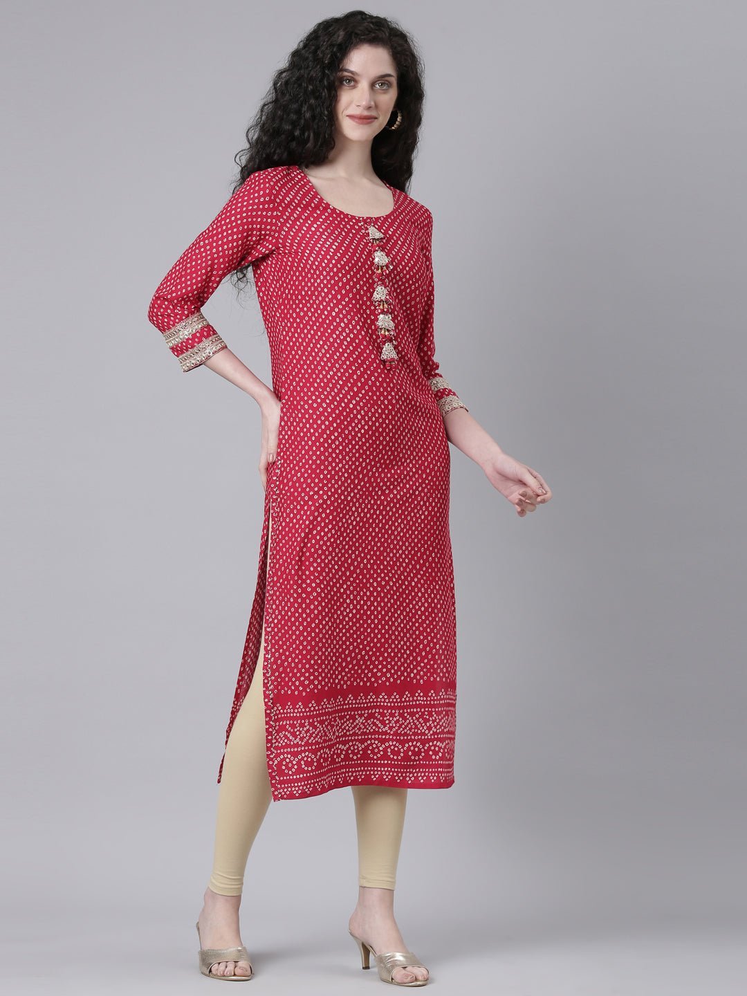 Transacthubs Pink Casual Bandhani Straight Kurta - Image 4