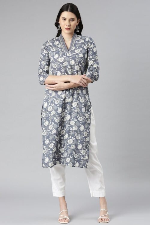 Transacthubs Grey Casual Floral Straight Kurta