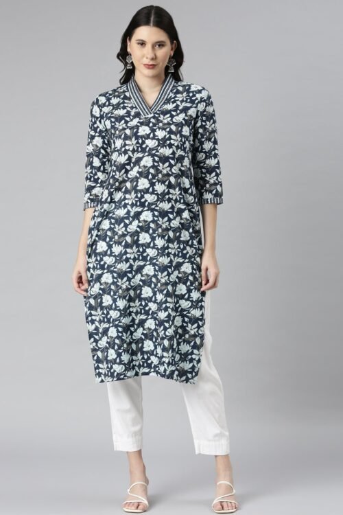 Transacthubs Navy Blue Casual Floral Straight Kurta