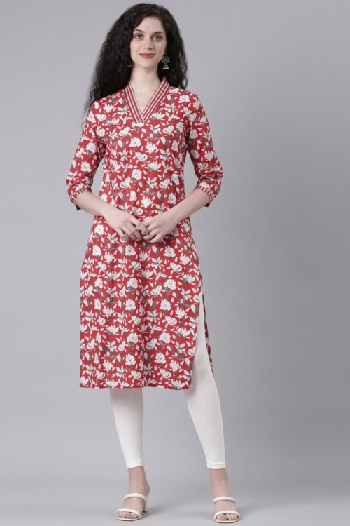 Transacthubs Red Casual Floral Straight Kurta