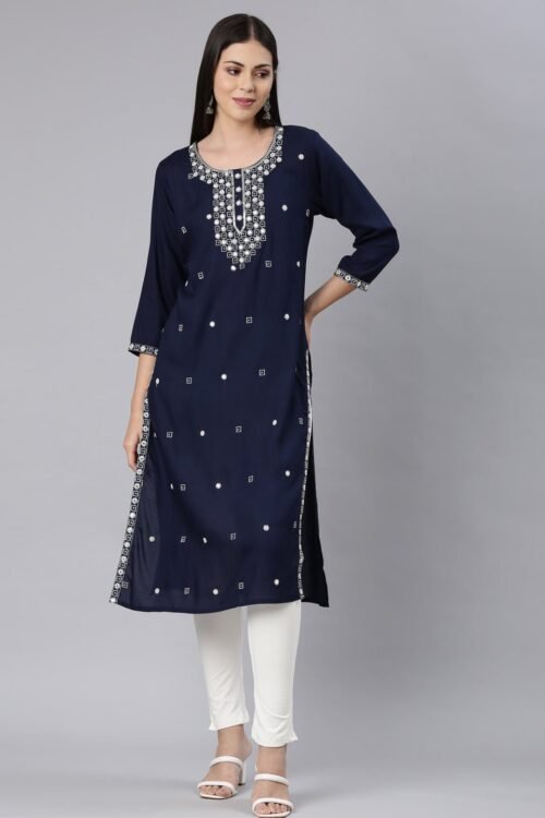 Transacthubs Navy Blue Straight Casual Solid Straight Kurta