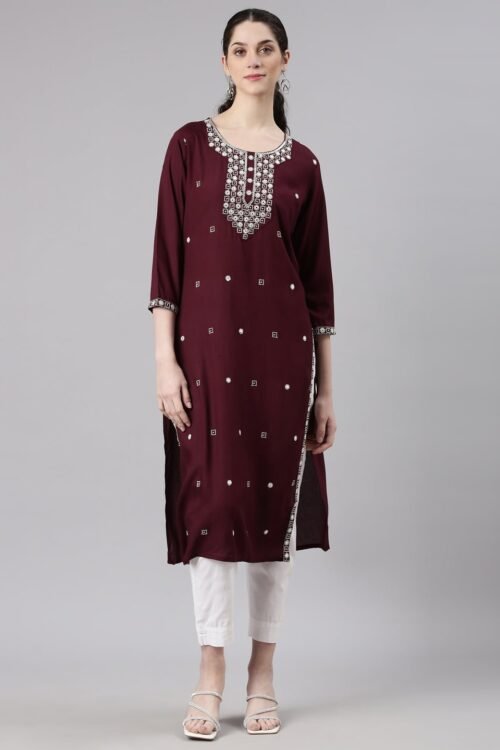 Transacthubs Red Straight Casual Embellished Kurta