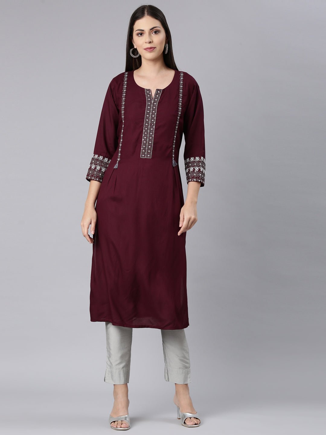 Transacthubs Maroon Straight Casual Solid Straight Kurta